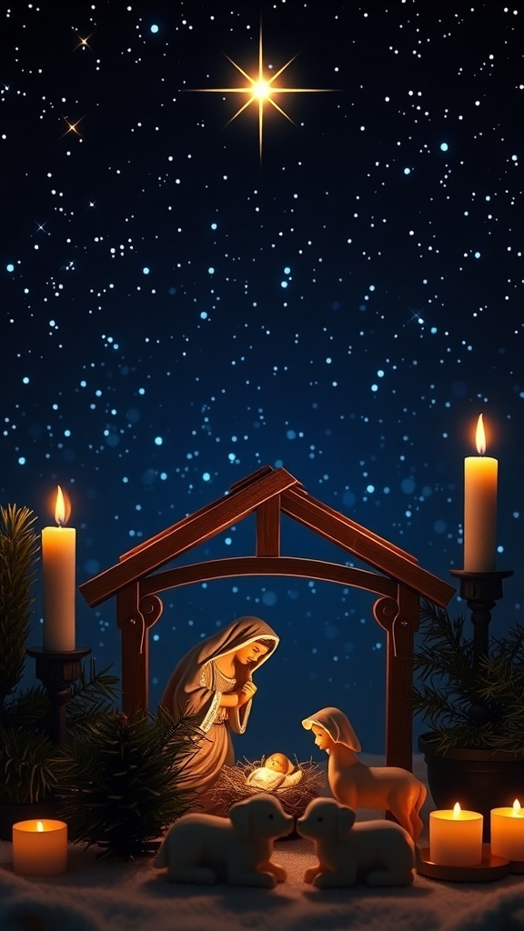 A nativity scene with Mary, Joseph, and baby Jesus under a starry sky, symbolizing the birth of Christ.